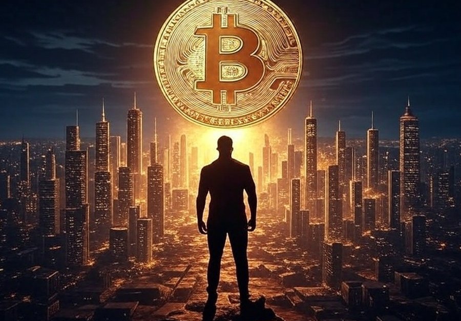 夕暮れの都市を背景に、巨大なビットコインの前に立つ人物のシルエット。ビットコイン投資への期待と市場の成長を象徴するイメージ。