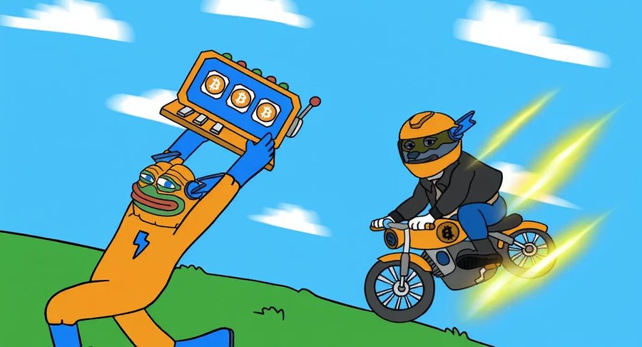 バイクに乗るPepeキャラクターと、ロケット型のキャラクターが高速で走るイラスト。ビットコインと$HYPERプロジェクトのスピードや成長を象徴している。