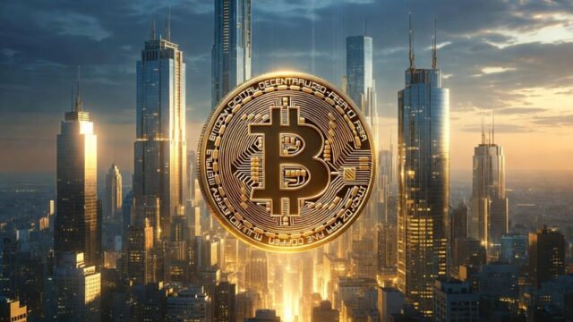 夕暮れの高層ビル群の中心に、金色のビットコイン硬貨が発光して浮かぶ近未来的な都市景観。