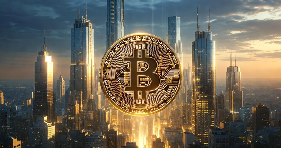 夕暮れの高層ビル群の中心に、金色のビットコイン硬貨が発光して浮かぶ近未来的な都市景観。