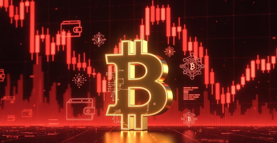 赤いローソク足チャートと金融アイコンを背景に、中央で輝く金色のビットコイン「B」ロゴが大きく表示されたイメージ。