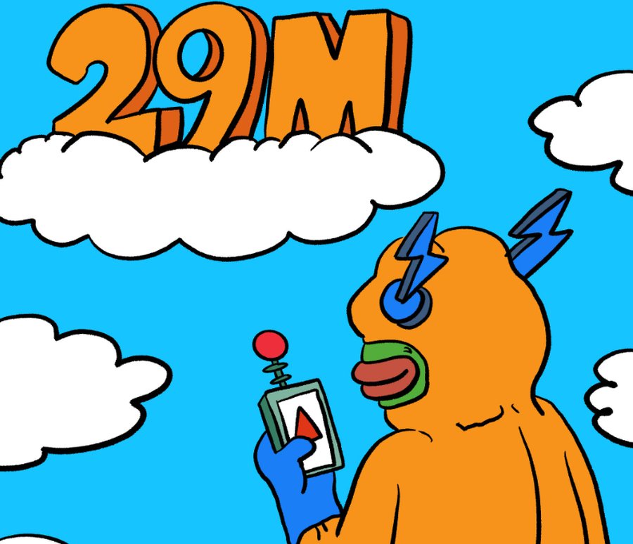 青空と雲の中に巨大な「29M」の文字。オレンジ色のマスク姿キャラクターがスマホを見上げるポップアート風イラスト。