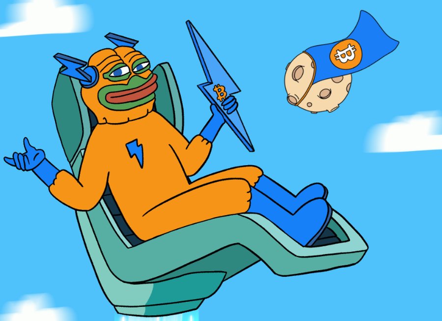 オレンジ色のマスク姿キャラクターがリクライニングチェアでくつろぎ、手にロケット型オブジェを掲げるポップアート風イラスト。右側に宇宙ヘルメットの小さなマスコットが浮かび、青系の背景。