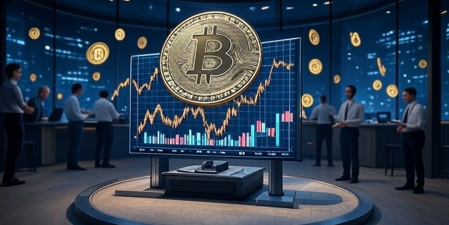 会議室風の空間で複数のビジネスパーソンが大型ディスプレイを囲み、中央に大きなビットコインロゴのコインが表示されたグラフを見ている。画面には価格の上昇を示すチャートや統計情報が映し出されている。