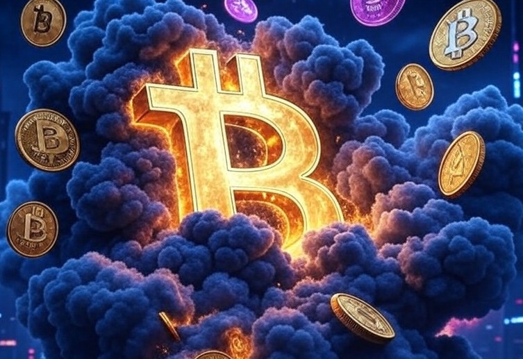暗い背景に煙と光のエフェクトが広がり、その中央に発光する黄金色のビットコインロゴが浮かんでいる。周囲には複数の小さなビットコインコインが漂い、仮想通貨の力強さと存在感を表現している。
