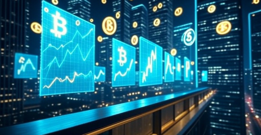 青い背景に複数のビットコインロゴと価格チャートが並び、上昇傾向を示すグラフがディスプレイに表示されている。背景には未来的な金融取引所のような環境が描かれている。