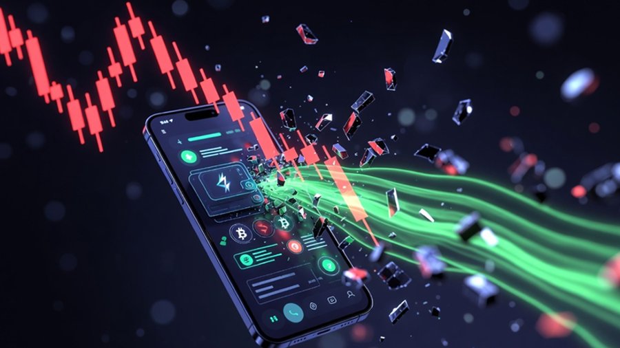 スマホ画面に仮想通貨関連のUIが表示され、赤いローソク足チャートと緑の光の流れ、飛び散る粒子エフェクトが重なった、資金流入や相場の変動をイメージしたビジュアル。