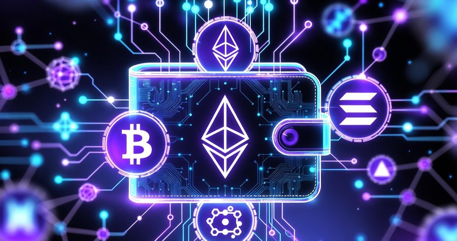 ネオン調のデジタル背景の中央にウォレット（財布）アイコンがあり、周囲にビットコインやイーサリアムなどの暗号資産シンボルが浮かぶ、次世代Web3ウォレットを象徴するイラスト。
