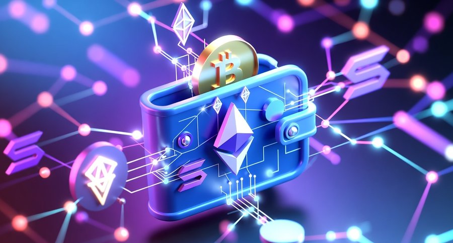 青紫のネオン背景の中で、デジタルウォレットが開き、ビットコインやイーサリアムなどの暗号資産アイコンが飛び出して周囲のネットワークに接続されている、マルチチェーン対応ウォレットを象徴するイラスト。
