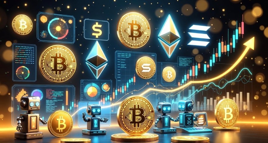 ビットコインやイーサリアムなどの暗号資産シンボルが並ぶ前景に、AIロボットやチャート、右肩上がりの成長グラフが描かれ、自動運用・投資成長をイメージした未来的なビジュアル。