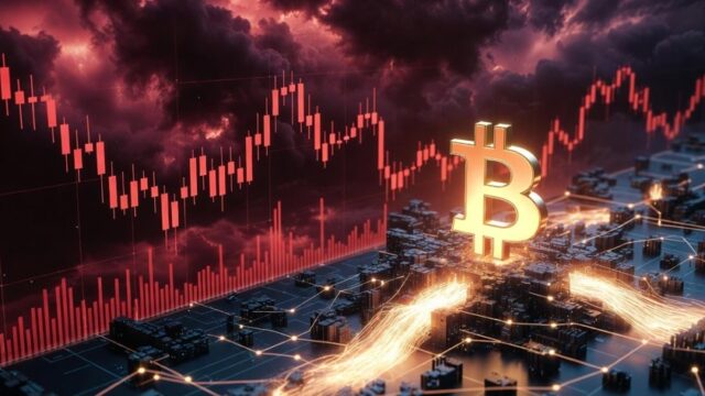 赤い下落基調のローソク足チャートと嵐のような暗い雲を背景に、発光するビットコインのロゴがデジタル基盤上に浮かぶイメージ。
