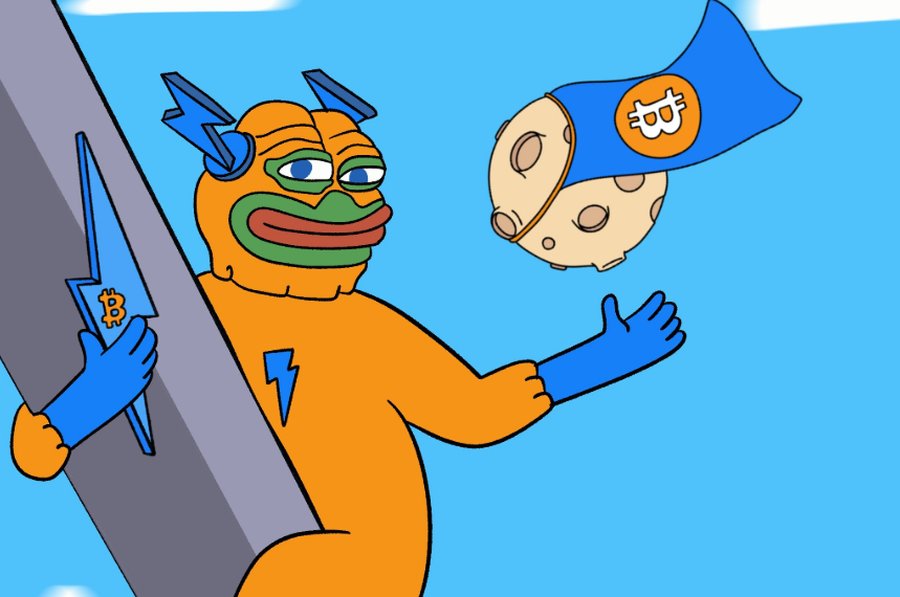 青空の背景で、オレンジのスーツを着たカエル風のヒーローキャラがビットコインの稲妻を持ち、ビットコインのロゴ入りの袋が飛んでくる方へ手を伸ばしているイラスト。