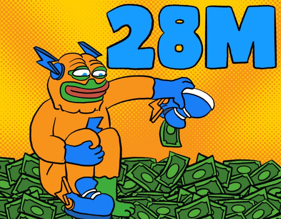 オレンジのスーツを着たカエル風キャラが札束の山に座り、上部に大きく「28M」と表示されたイラスト（資金調達・プレセール好調を示すビジュアル）。