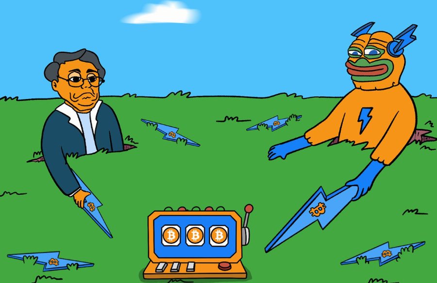 青空と草原の背景で、スーツ姿の男性とオレンジのカエル風キャラが向かい合い、地面に青い稲妻アイコンが散らばり、中央にビットコインのスロット風装置が置かれているイラスト。