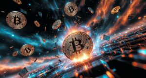 ビットコインのコインが炎と光の中を浮遊し、デジタル空間で爆発的に拡散しているイメージのCGグラフィック。