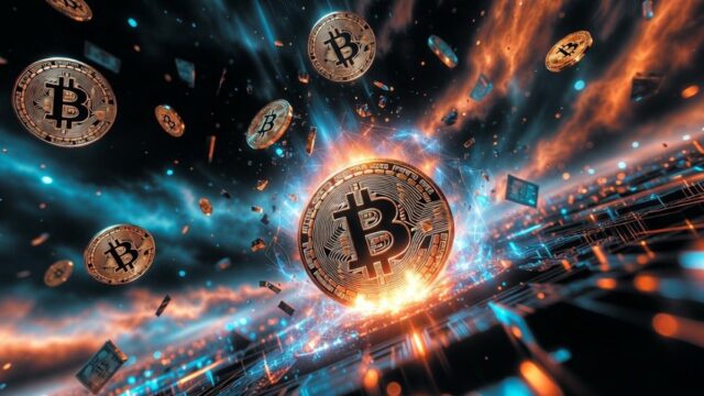 ビットコインのコインが炎と光の中を浮遊し、デジタル空間で爆発的に拡散しているイメージのCGグラフィック。