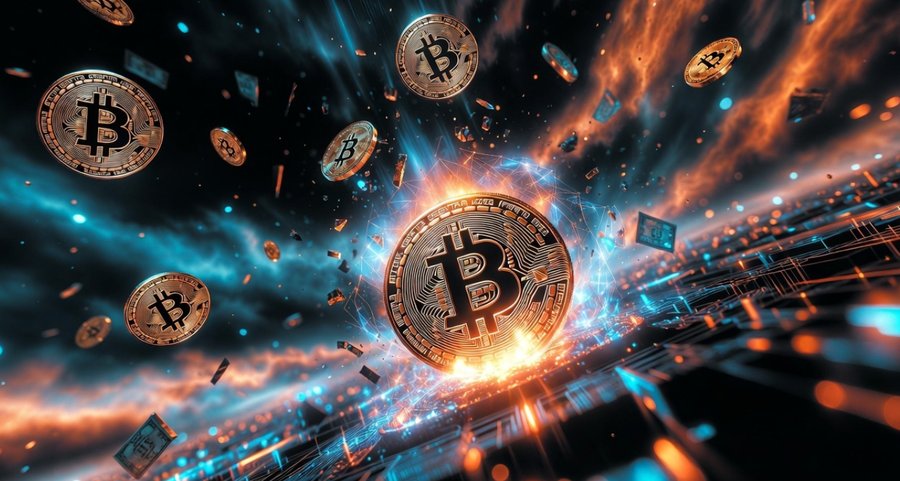 ビットコインのコインが炎と光の中を浮遊し、デジタル空間で爆発的に拡散しているイメージのCGグラフィック。