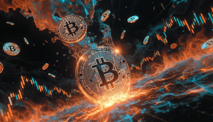 炎とエネルギーの渦の中で巨大なビットコインが中心に浮かび、周囲に複数のビットコインが飛び交う躍動的なCGアート。