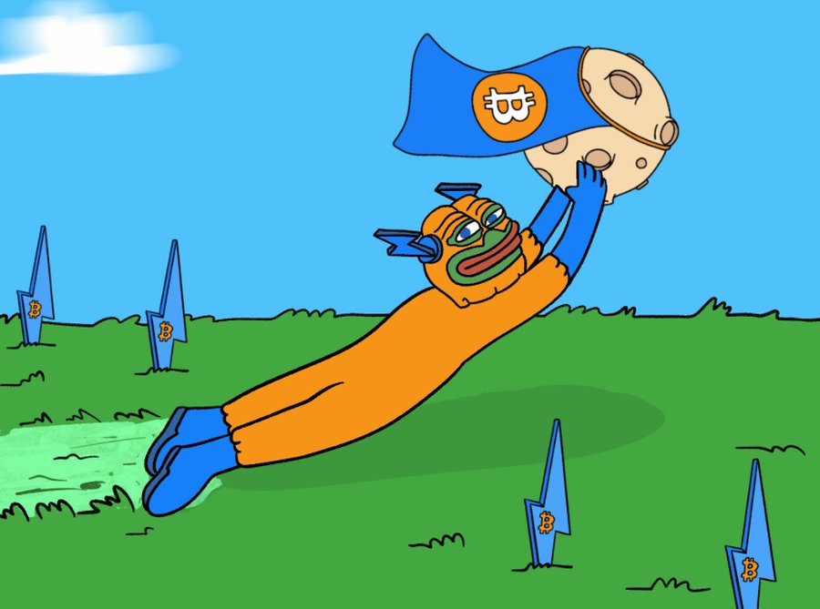 青とオレンジのスーツを着たキャラクターが、ジェットパックを背負って空を飛び、地上には旗が立ち並ぶコミカルなイラスト。