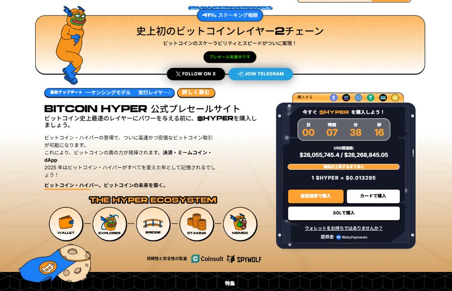 Bitcoin Hyper のプレセール概要を示すインフォグラフィックで、トークン価格、プレセール段階、購入画面のUIなどがまとめて表示されている説明画像。
