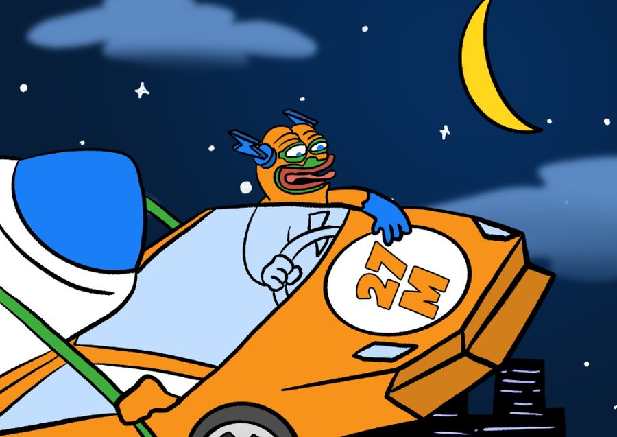 夜空の下、オレンジ色のレーシングカーにミームキャラクターが乗り込み、勢いよく走り出そうとしているコミカルなイラスト。