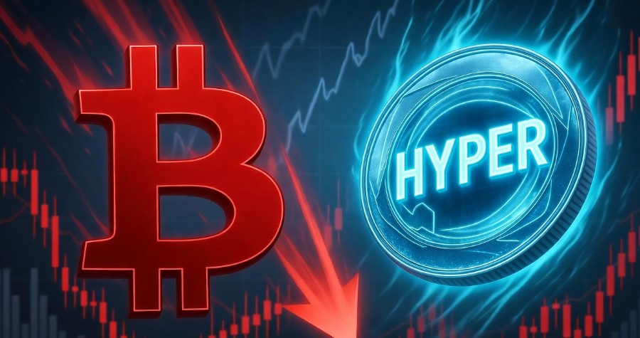赤いビットコインロゴと青く輝くHYPERロゴが対照的に並び、暗い背景に稲妻のような光が走る、市場の分岐点を象徴するビジュアルイメージ。