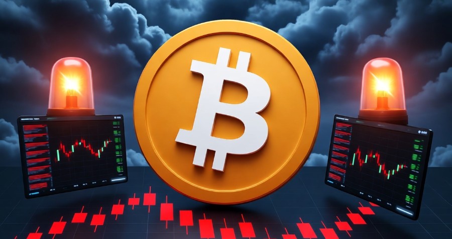 中央にビットコインのロゴがあり、周囲に赤い警告灯と下落中のチャートが表示されたモニターが並ぶ、市場の緊迫感を表現したイメージ。