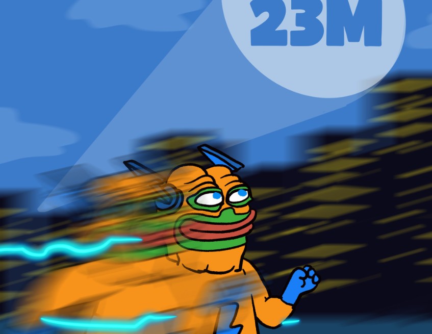 青い背景の中、ゴーグルをつけたペペキャラクターが猛スピードで走り、「23M」と書かれた数字が上に浮かぶ、クジラの大量購入を象徴するコミカルなイラスト。