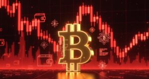 ビットコイン暴落時の赤いローソク足チャートと大きなビットコインのロゴ。Best Wallet（ベストウォレット）と市場のボラティリティを象徴するアイキャッチ画像