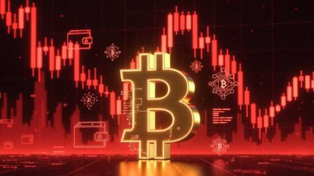 ビットコイン暴落時の赤いローソク足チャートと大きなビットコインのロゴ。Best Wallet（ベストウォレット）と市場のボラティリティを象徴するアイキャッチ画像