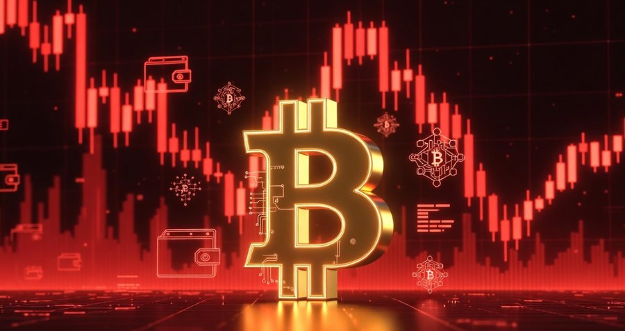ビットコイン暴落時の赤いローソク足チャートと大きなビットコインのロゴ。Best Wallet（ベストウォレット）と市場のボラティリティを象徴するアイキャッチ画像