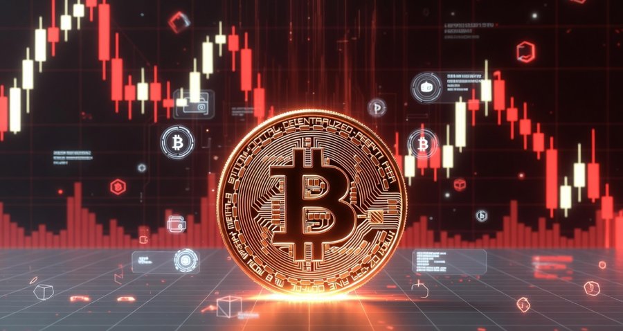 恐怖が支配する下落相場を示す赤いチャート背景と、中心にあるビットコイン。機械的な投資アプローチ（自動DCA）の重要性をイメージした画像