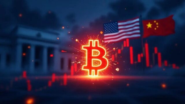 Altテキスト：ビットコイン価格の急落を示すチャートと、地政学的な不確実性を象徴する背景。