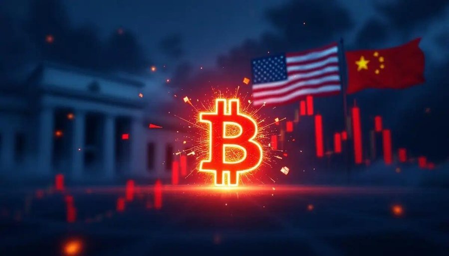 Altテキスト：ビットコイン価格の急落を示すチャートと、地政学的な不確実性を象徴する背景。