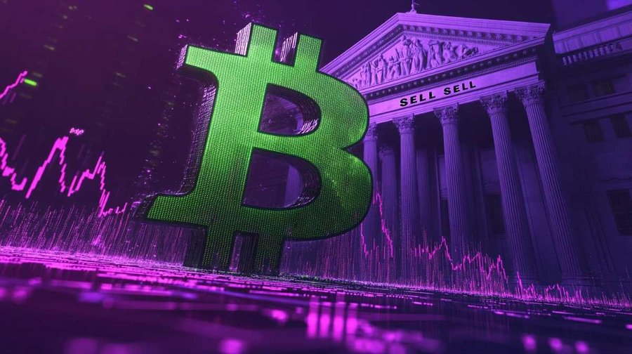 Altテキスト:ビットコイン価格下落のドラマチックな視覚化。 巨大なライムグリーンのビットコインのシンボルがひび割れて落下している