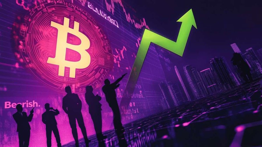 Altテキスト:ビットコインのチャートが分岐している、概念的なイメージです。鮮やかなライムグリーンの矢印が強気とラベル付けされ、輝く20万ドルの目標に向かって急上昇している