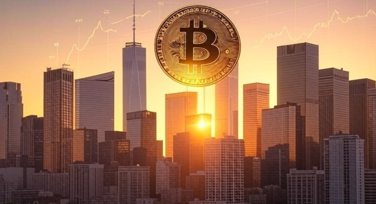 夕暮れの都市ビル群を背景に、空中に浮かぶ金色のビットコインコインと上昇する価格チャートラインが描かれたイメージ。