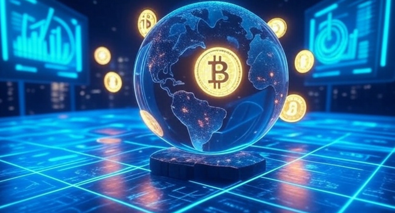 青いデジタル空間に浮かぶ地球儀型のディスプレイ。地球上にはビットコインマークが点在し、周囲にも仮想通貨のシンボルが並ぶ近未来的なイメージ。