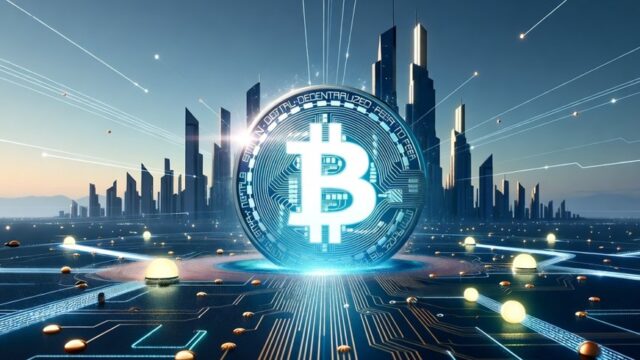未来的な都市の中心に大きなビットコインのシンボルが浮かぶCG。デジタルネットワークの光が交差し、仮想通貨とブロックチェーン技術の発展を象徴している。