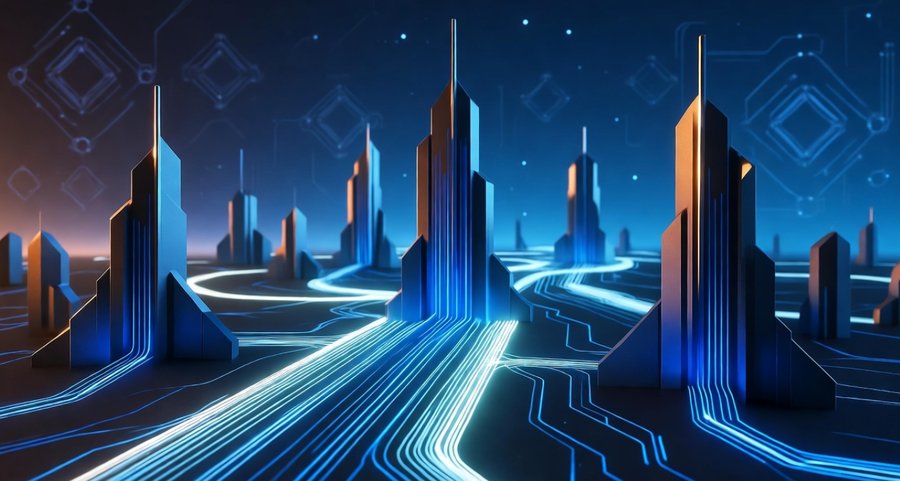 青い光のラインが交差するサイバーシティ風の風景。中央に高層ビル群が並び、ブロックチェーン技術とBaseチェーンの成長を示唆するようなデジタルアート。