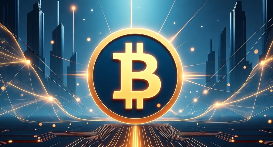 未来都市の中央に発光するビットコインのシンボルが浮かび上がるCG。周囲に光のラインが走り、ブロックチェーン技術の拡張性やSHYPERの革新性を象徴している。