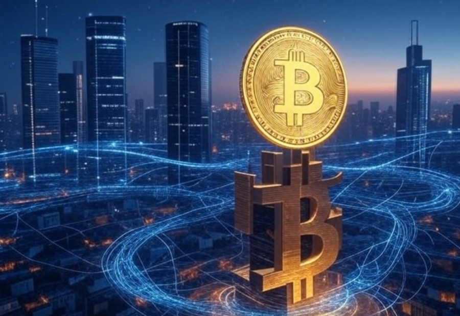 未来的な都市の高層ビル群の中央に、金色のビットコイン（BTC）のロゴが浮かぶ構図