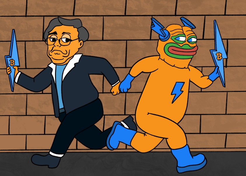 レンガの壁の前で、スーツ姿の男性とオレンジのスーパーヒーロー風Pepeキャラクターが並んで走っているイラスト。両者とも手にビットコインのロゴが入った青い武器を持っている。
