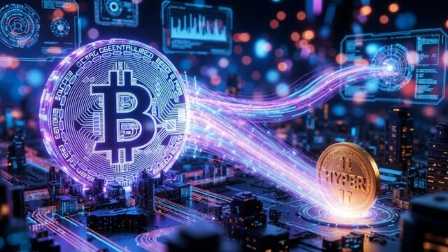 ビットコインのシンボルが中央に浮かび、デジタルな光のラインが流れる未来的な都市風景のイメージ。ブロックチェーンネットワークとHYPER関連銘柄を象徴するサイバーテック風のビジュアル。