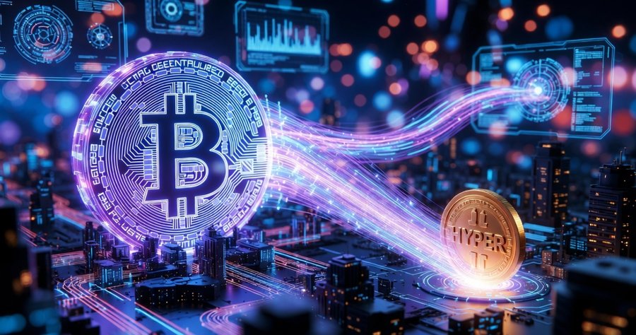 ビットコインのシンボルが中央に浮かび、デジタルな光のラインが流れる未来的な都市風景のイメージ。ブロックチェーンネットワークとHYPER関連銘柄を象徴するサイバーテック風のビジュアル。