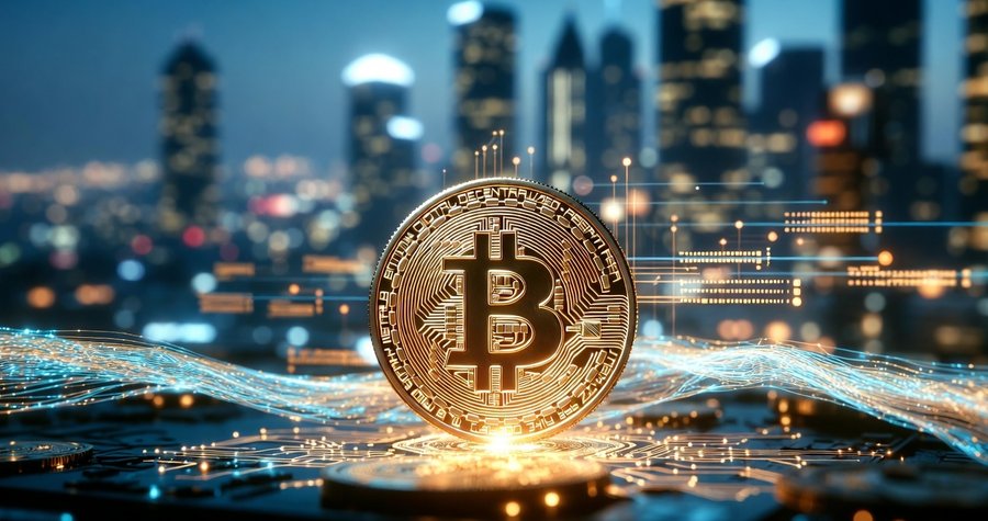 都市の夜景を背景に、中央に黄金のビットコインが立つ象徴的なイメージ。価格回復や強気市場を示すグラフや光のラインが重ねられている。