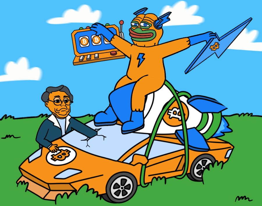オレンジのスーツを着たPepeキャラクターが車の上で旗を掲げてポーズを取っているイラスト。後ろには別のPepeキャラや人物が描かれ、Bitcoin Hyperの話題性や盛り上がりを象徴しているコミカルな場面