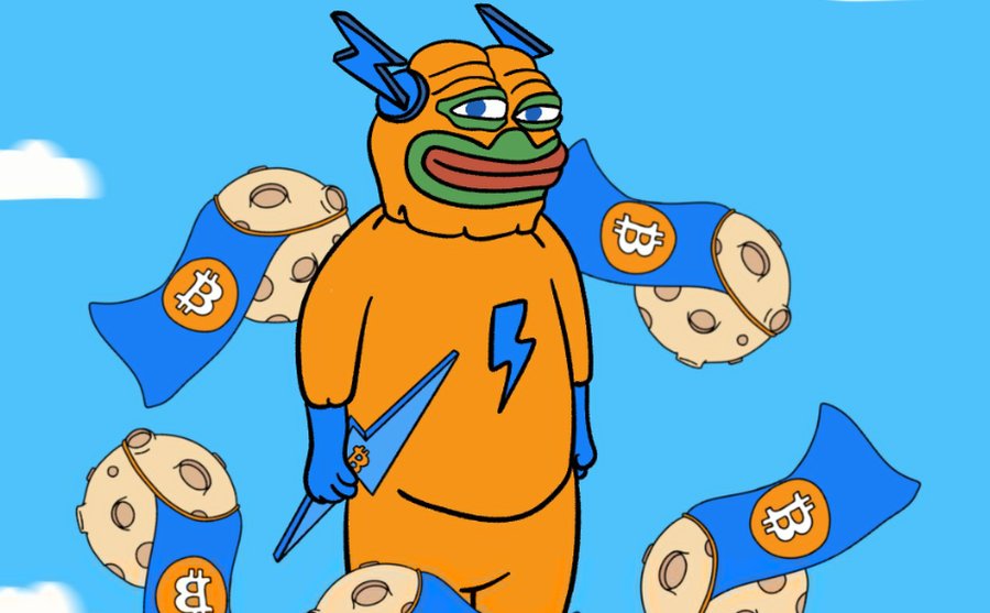 オレンジの服を着たPepeキャラクターが、周囲に舞うビットコイン柄の袋とともに立っているイラスト。投資家が注目するビットコインの未来や勢いをコミカルに表現している。