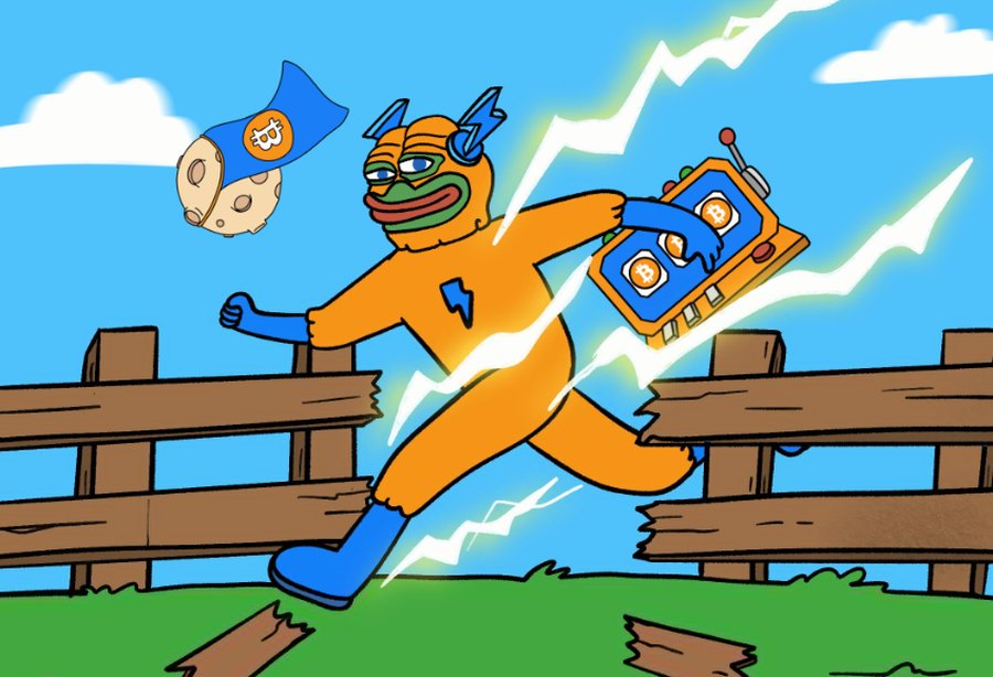 オレンジのスーツを着たPepeキャラクターが、エネルギーをまとった機材を持って野原のフェンス沿いを走っているコミカルなイラスト。新たな仮想通貨の主役としての勢いを表現している。