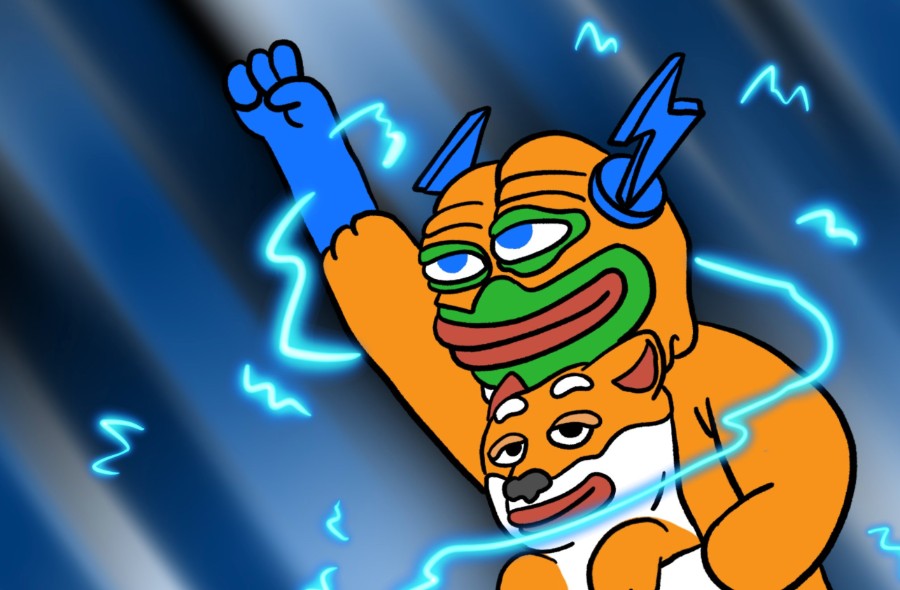 雷をまとったキャラクターが柴犬を抱えながら空を飛んでいるアニメ風イラスト。仮想通貨やミーム文化を想起させるポップなビジュアル。